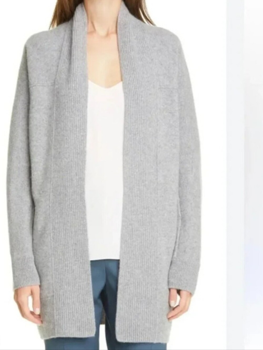 Vince Cashmere Ribbed Trim Heather Gray Cardigan, Size M